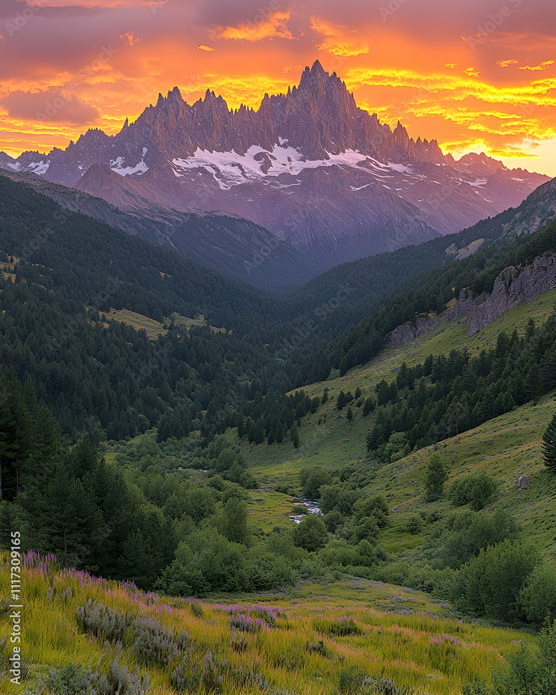 Majestic mountain peak at sunset, valley view. Majestic mountain peak at sunset, valley view.