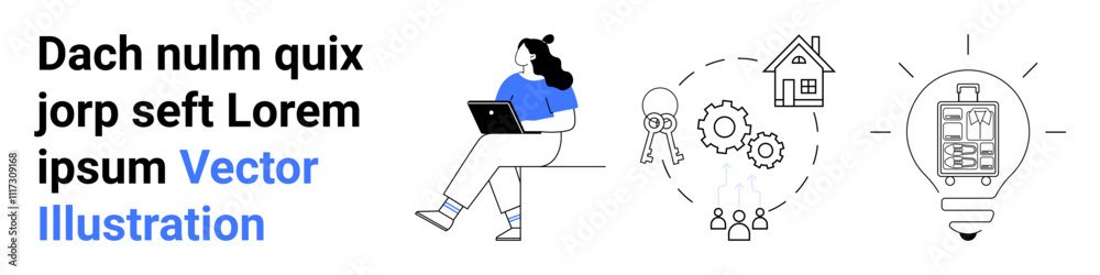 Woman sitting with laptop, smart home icon with wireless, gear system with people, light bulb with device. Ideal for smart home concepts, business innovation, teamwork, working remotely, technology