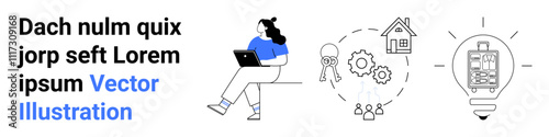 Woman sitting with laptop, smart home icon with wireless, gear system with people, light bulb with device. Ideal for smart home concepts, business innovation, teamwork, working remotely, technology