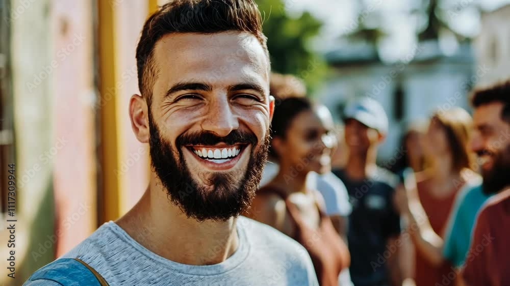 man with other people diverse race smiling talking together at urban city street on sunny day man with other people diverse race smiling talking together at urban city street on sunny day