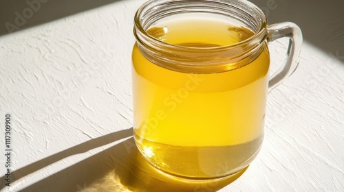 Glass jar mug filled with a warm, yellow liquid, likely tea, on a white surface with shadows.