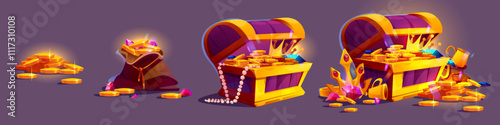 Growing gold and diamond treasure pile. Cartoon game assets of gems and coins stack, bag and old wooden chest full and overflowing. Fantasy adventure and pirate themed wealth element progress steps.