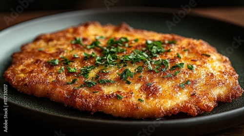 Crispy German Schnitzel Fry Meat Dish Served on a Plate with Fresh Herbs Garnish