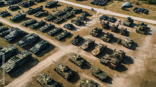 Aerial view of a military vehicle storage area with various tanks.