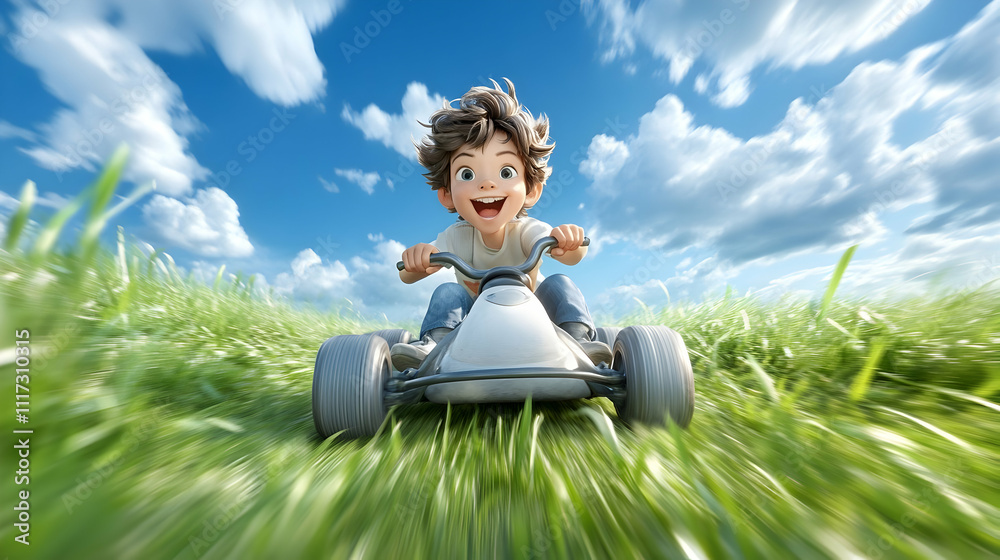 anime style poster of young boys riding incredibly fast karts through an endless green field zooming towards camera, movie poster, studio. anime style poster of young boys riding incredibly fast karts through an endless green field zooming towards camera, movie poster, studio.