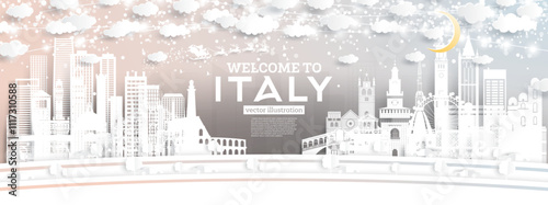 Welcome to Italy city skyline in paper cut style with snowflakes, moon and neon garland. Christmas and new year concept. Santa Claus on sleigh. Italy cityscape with landmarks.
