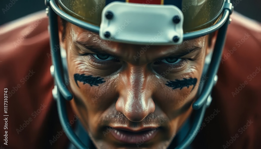 Focused football player in a helmet, ready for intense action on the field Focused football player in a helmet, ready for intense action on the field