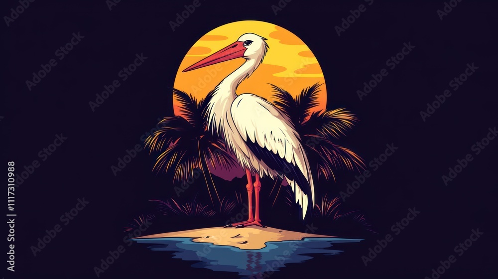 Fototapeta premium A stylized stork standing on a beach at sunset, surrounded by palm trees.