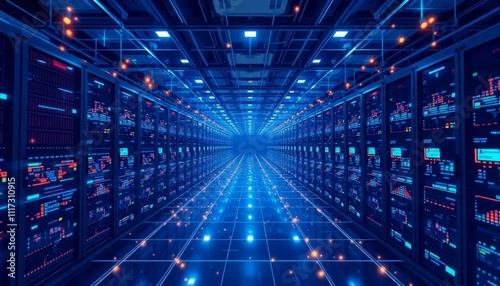 Illuminated data center corridor with blue tones and high-tech server racks