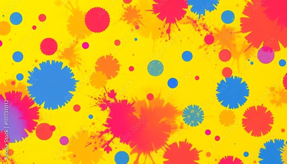 Vibrant splashes of blue, pink, and yellow on a bright background, forming an abstract pattern Vibrant splashes of blue, pink, and yellow on a bright background, forming an abstract pattern