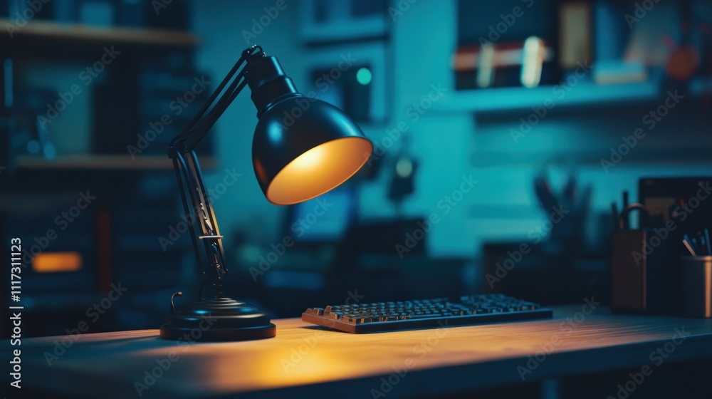 Illuminated Desk With Lamp And Keyboard At Night Illuminated Desk With Lamp And Keyboard At Night