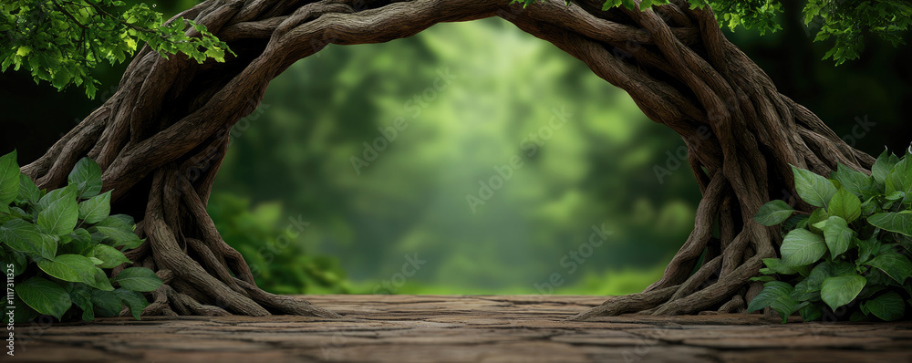 Obraz premium A natural archway formed by intertwining roots and vibrant green foliage.