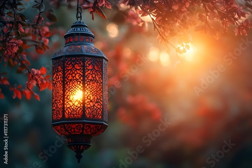 Decorative Arabic lanterns with burning candles at Half moon Shining golden bokeh lights, Eid Mubarak, Ramadan eid dul fitar Muslim holy month Ramadan Kareem, Black dark Oily background photo