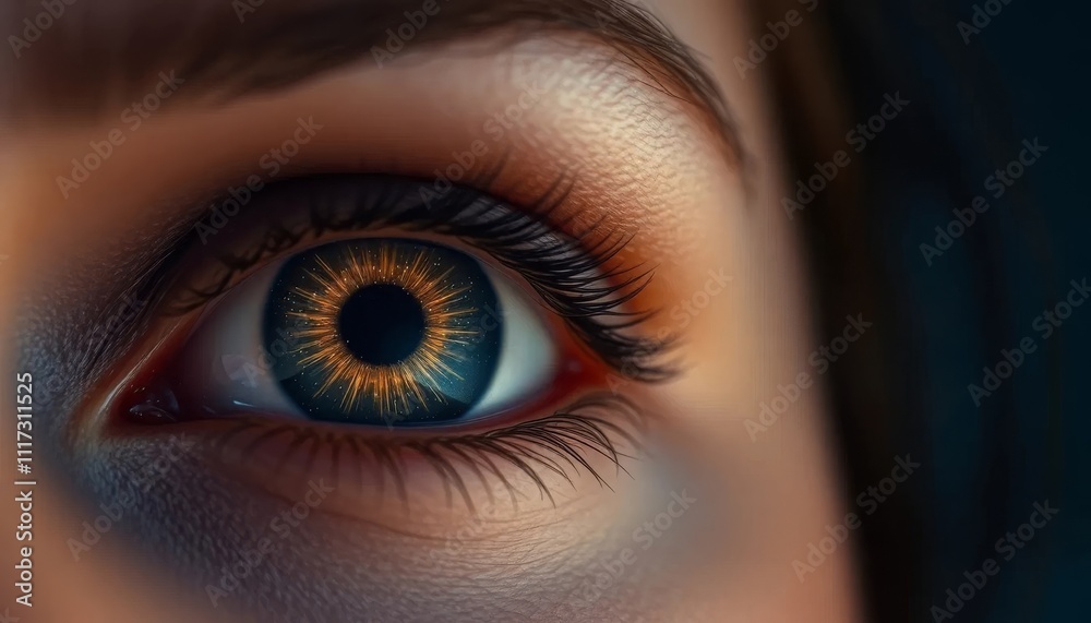 Fototapeta premium Eye with radiant cosmic iris, symbolizing imagination and wonder, detailed and surreal