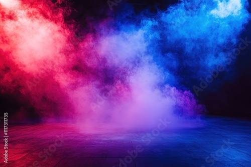 A dramatic scene with colorful smoke effects in red and blue  creating an atmospheric backdrop.
