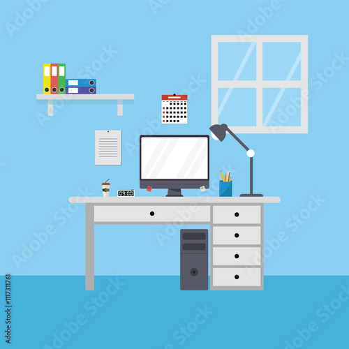 illustration of a well-organized office desk featuring a computer with a desktop tower, desk lamp, digital clock, and stationery. The blue wall has a window, calendar, and a shelf with colorful binder