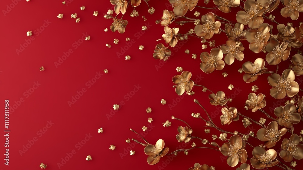 Red background with gold and red flowers, copy space for text. Chinese new year concept. Red background with gold and red flowers, copy space for text. Chinese new year concept.