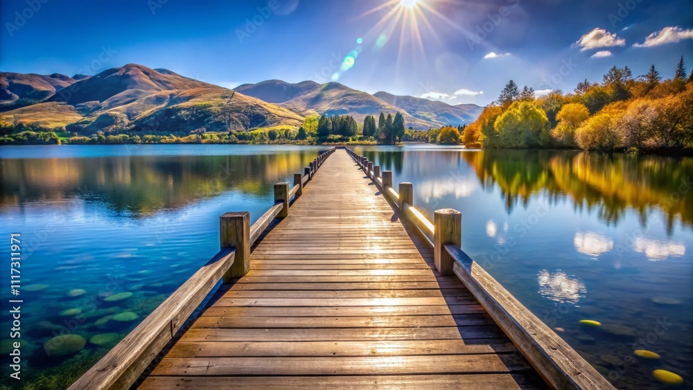 Obraz premium Wooden Jetty Bridge, Calm Lake Hayes, New Zealand, Bokeh