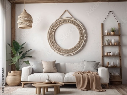 Mockup frame in nomadic boho interior background with rustic decor, Pearl wall background