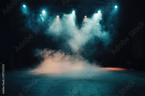 A stage illuminated by dramatic lighting and fog, creating an atmospheric performance setting.