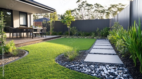 Modern backyard with artificial turf, stone pathway, and patio.
