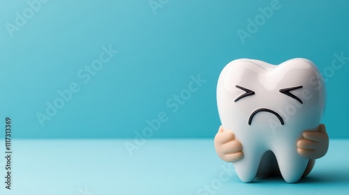 Cute cartoon tooth character feeling sad or in pain, expressing dental discomfort against blue background