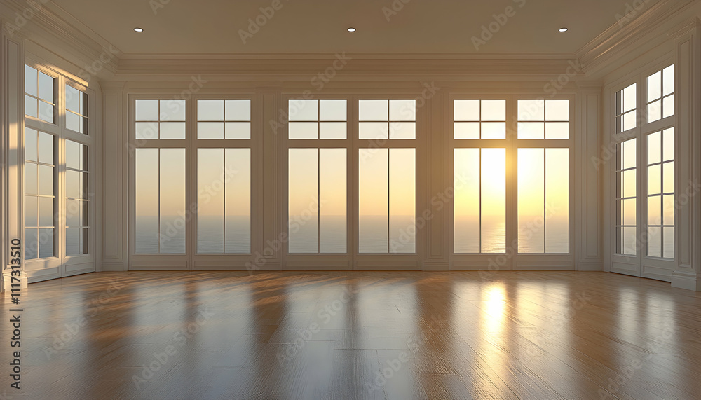Sunlit empty room with large windows overlooking ocean sunset.
