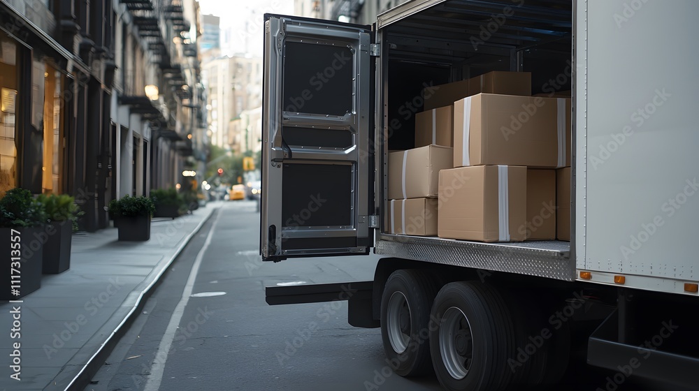 Parked Delivery Truck with Open Doors in Busy City Alley, Showing Cardboard Boxes Ready for Distribution and Urban Activity Parked Delivery Truck with Open Doors in Busy City Alley, Showing Cardboard Boxes Ready for Distribution and Urban Activity