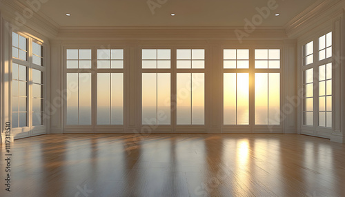 Sunlit empty room with large windows overlooking ocean sunset.