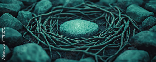 A serene nest of stones and twigs, symbolizing nature's beauty and tranquility. photo