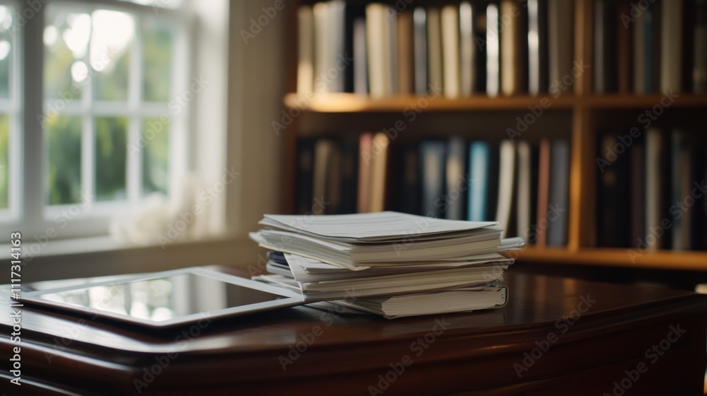 Documents and Tablet Resting on a Wooden Table Documents and Tablet Resting on a Wooden Table