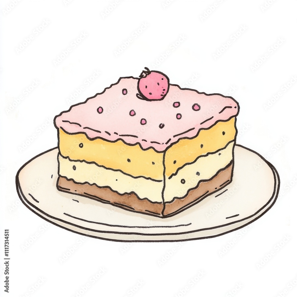 Delicious Layered Slice of Cake with Pink Frosting and Cherry on a Plate for Dessert Lovers Delicious Layered Slice of Cake with Pink Frosting and Cherry on a Plate for Dessert Lovers