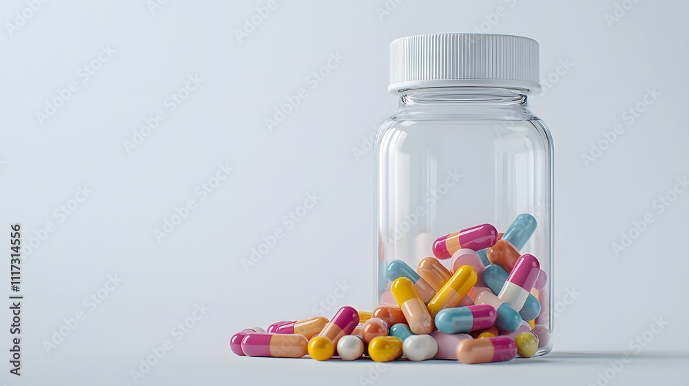 Close-Up of a Transparent Bottle Filled with Vibrant Capsules on a Light Background, Ideal for Health and Wellness Themes