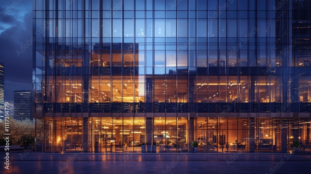 Illuminated Modern Office Building at Dusk Illuminated Modern Office Building at Dusk