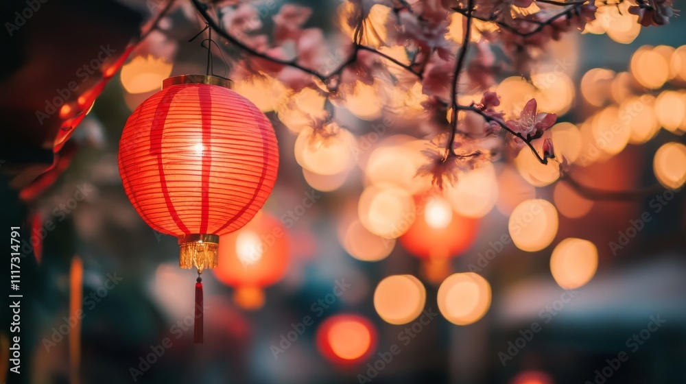 Red lanterns hanging in the branch with cherry blossom and Chinese new year background. Chinese new year concept. Red lanterns hanging in the branch with cherry blossom and Chinese new year background. Chinese new year concept.