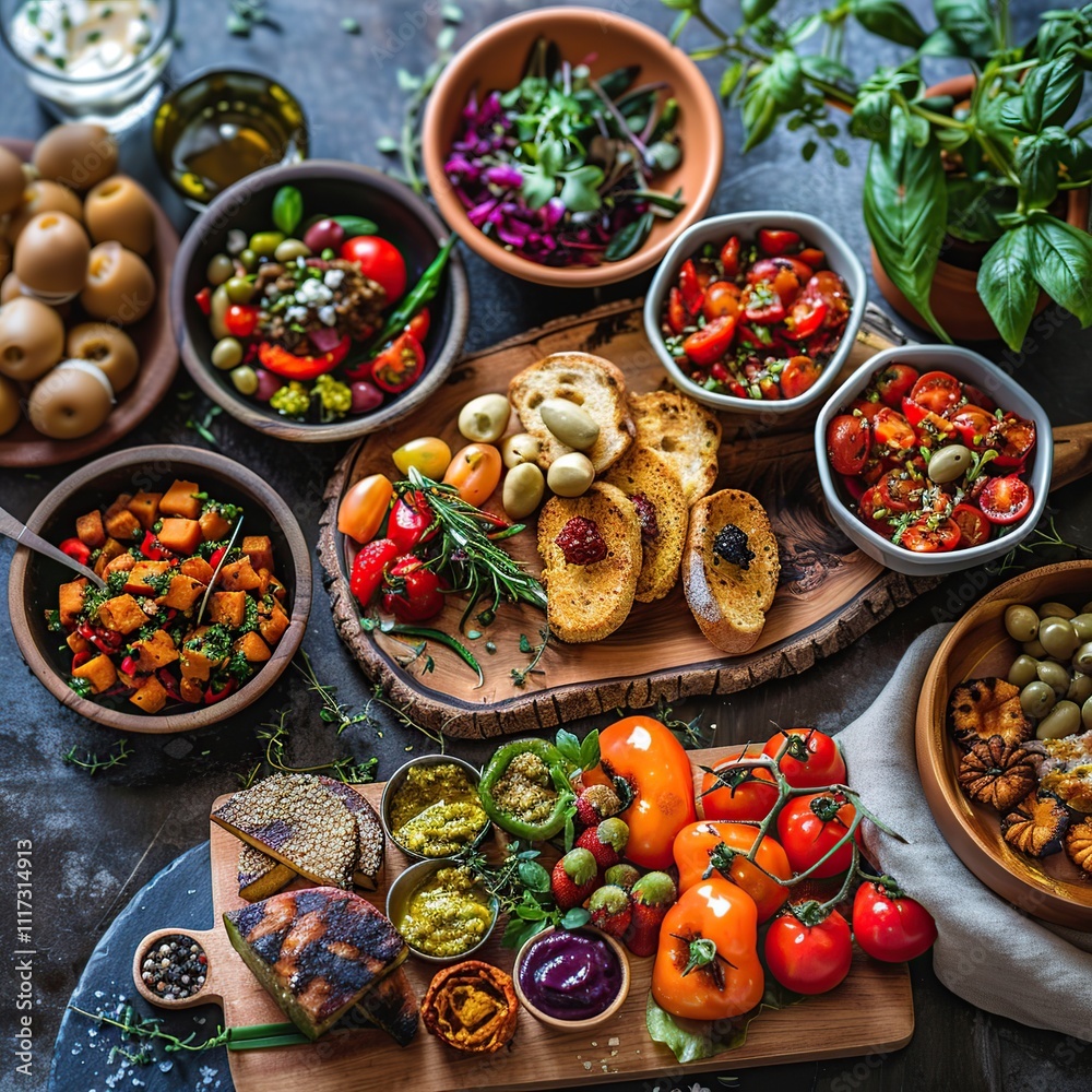 Overhead shot of a vibrant Mediterranean-style spread featuring various colorful salads, roasted vegetables, olives, and crusty bread. Overhead shot of a vibrant Mediterranean-style spread featuring various colorful salads, roasted vegetables, olives, and crusty bread.