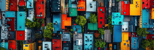Aerial view captures a vibrant urban landscape, showcasing colorful rooftops in a bustling neighborhood. The bright hues of red, green, and blue create a lively atmosphere