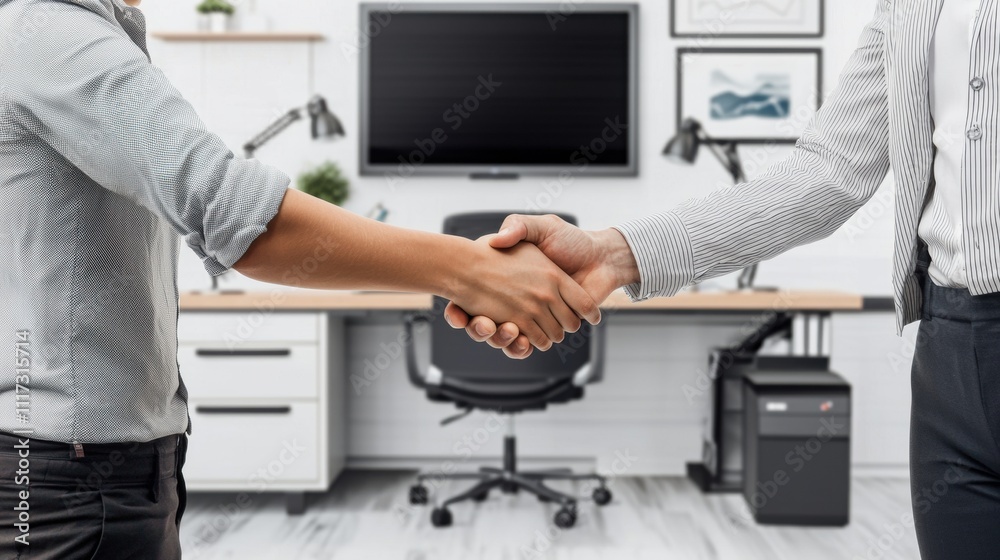 Business collaboration two professionals shaking hands in a modern office environment Business collaboration two professionals shaking hands in a modern office environment