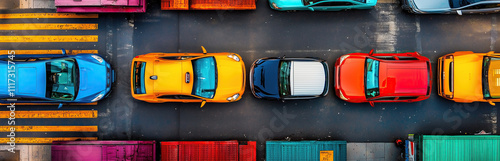 Colorful vehicles and containers create a vibrant urban landscape from above