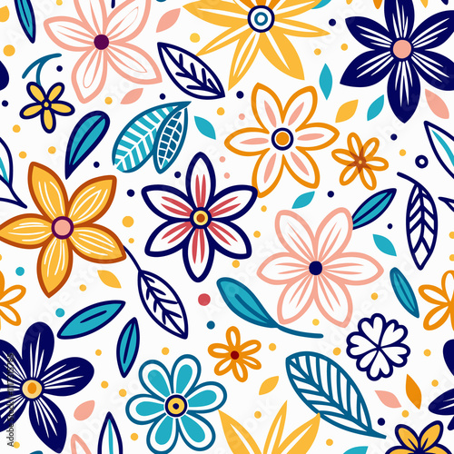 Wallpaper Mural Colorful floral seamless pattern with various flowers and leaves on white background. (1) Torontodigital.ca