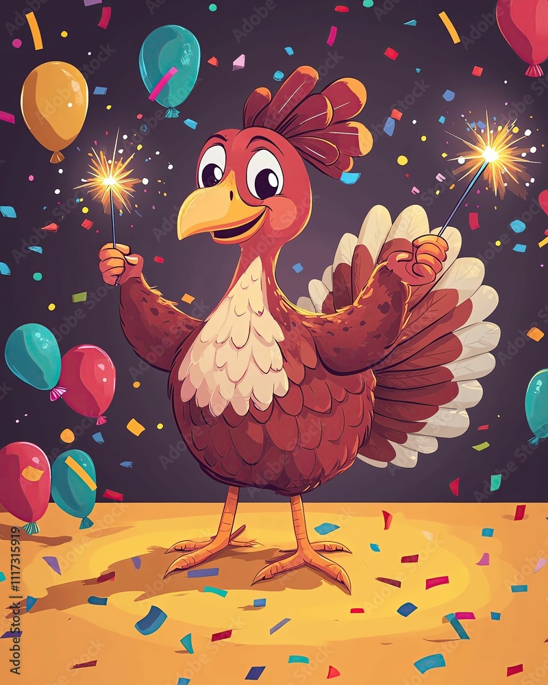 Fototapeta premium Festive cartoon celebrating with a turkey