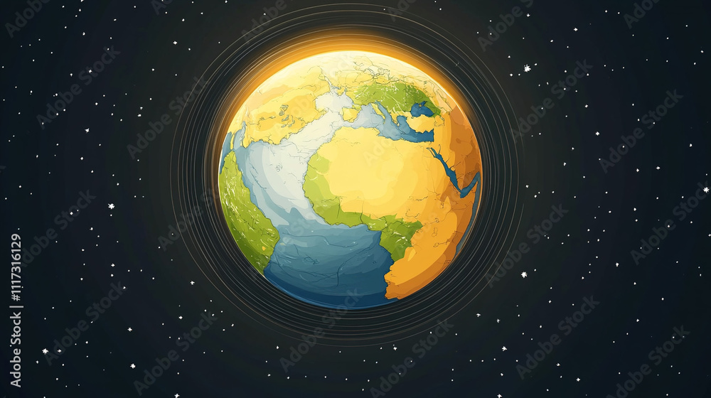 Fototapeta premium Earth axis diagram illustration showing the tilt of the Earth's rotational axis relative to its orbital plane, explaining the cause of seasonal changes and the distribution of sunlight.