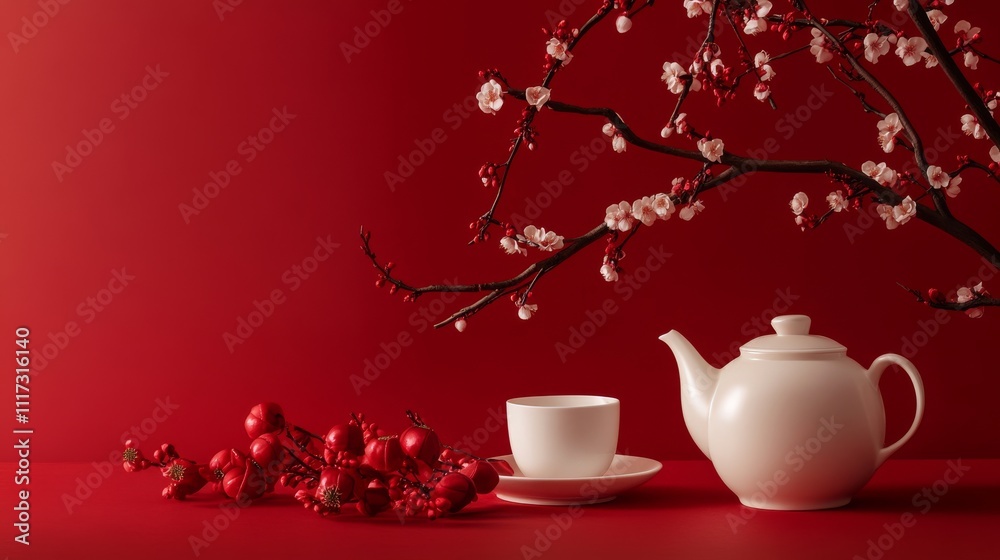 Fototapeta premium Chinese new year background with white teapot, cup of tea, plum blossoms, and hand fan. Red color background.