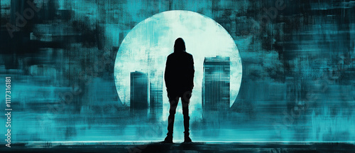 A solitary figure stands still in front of a giant moon, with city buildings silhouetted against a vibrant blue background. The scene conveys a mysterious, atmospheric vibe