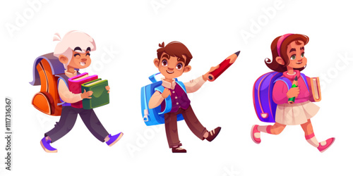 Children with backpacks, books and pencils in hands walking to school. Cute happy girl and boys students going to learn. Cartoon vector set of kids with educational elements for back to school design