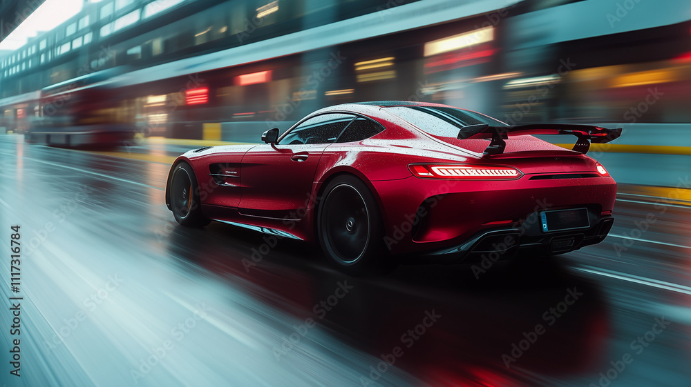 Fototapeta premium red sports car speeds through rainy urban street, showcasing its sleek design and dynamic motion. blurred background emphasizes high speed and excitement of driving