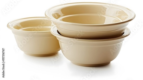 set of three ceramic bowls in various sizes, stacked neatly, isolated on a pristine white background. Ceramic appliances 