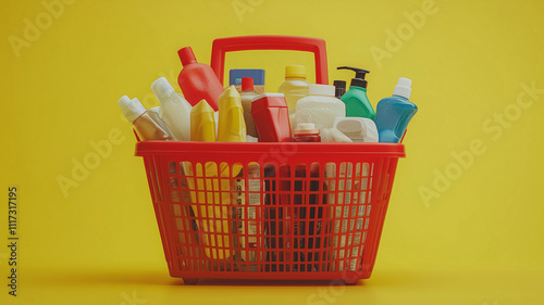 vibrant red plastic shopping basket filled with various cleaning products, showcasing colorful array of bottles against bright yellow background