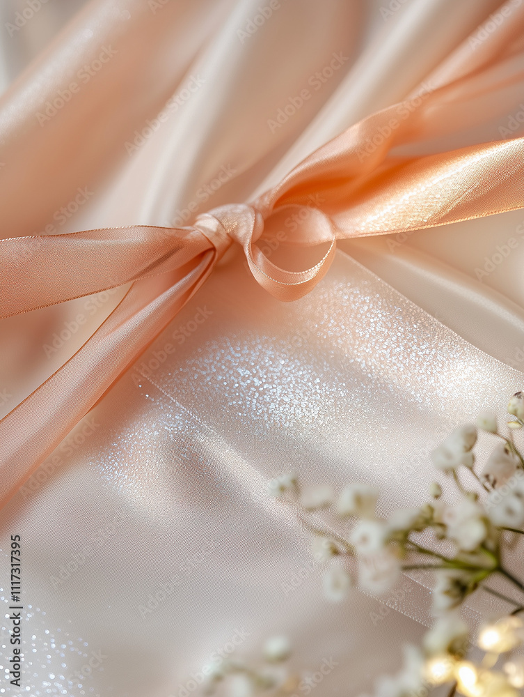 Satin fabric with peach ribbon and floral accents Satin fabric with peach ribbon and floral accents