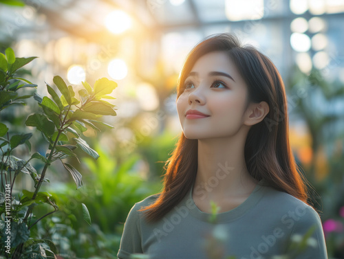 young woman gazes upward in lush urban garden, surrounded by vibrant greenery and soft sunlight, evoking sense of tranquility and connection with nature